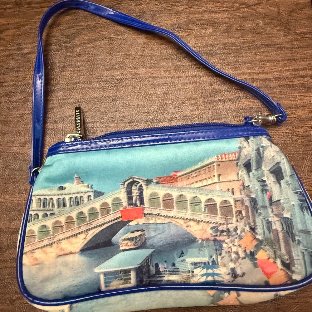 Blue Shoulder Bag with Scenic Venice Print